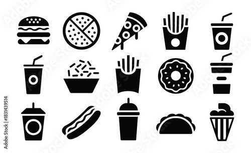 Fast food icons set with burger, pizza, fries, taco and soda drink symbol vector