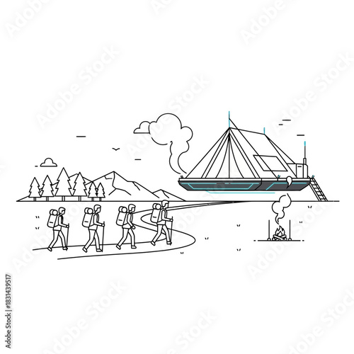 Adventurous hikers trek towards a futuristic campsite with a cozy campfire under a vast mountain landscape