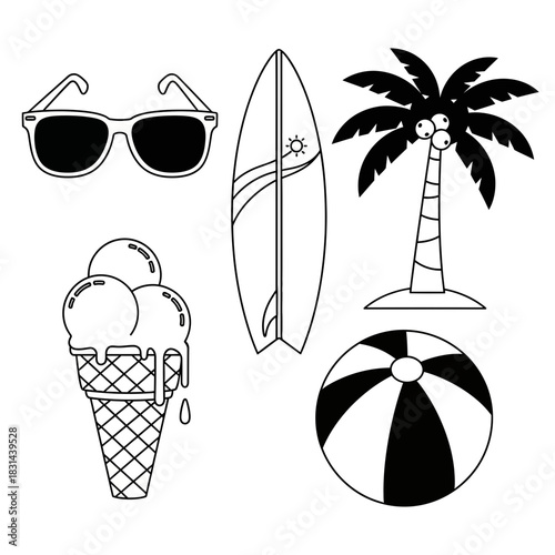 Embrace vibrant summer fun with iconic beach essentials including sunglasses, surfboards, ice cream, palm trees, and beach balls for ultimate vacation vibes.