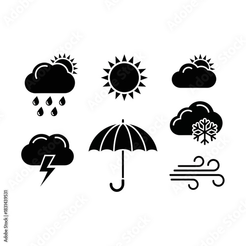 Dynamic weather icons set featuring sun, rain, snow, lightning, wind, and umbrella for forecasting and climate communication