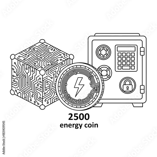 Securely store your digital assets with a blockchain cube and safe, representing energy coin investment growth and financial security
