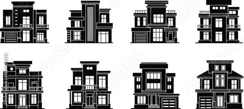 A collection of monochrome building facades in varying architectural styles