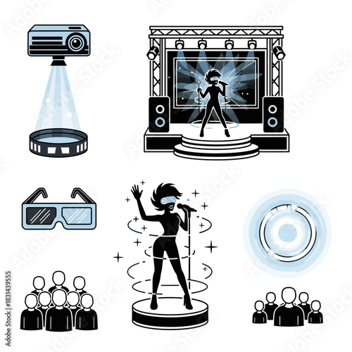 Dynamic performer captivates audience with virtual reality stage show, showcasing modern entertainment and immersive technology for engaging experiences.