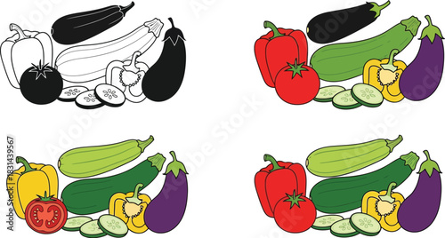 Fresh colorful vegetables including eggplant zucchini peppers and bananas illustration