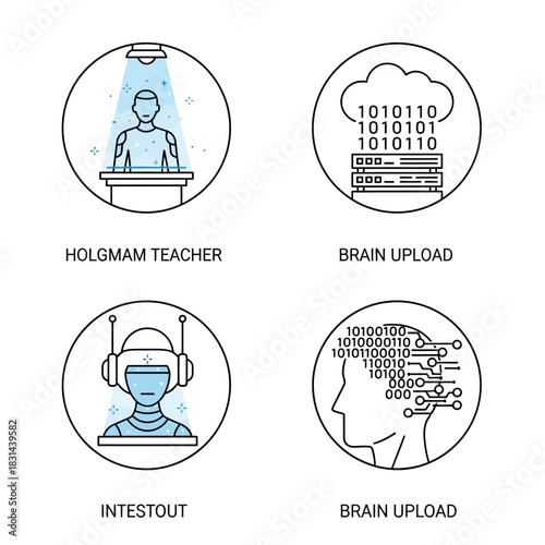 Explore futuristic concepts like holographic teaching, AI integration, and digital consciousness transfer with these modern technology icons.