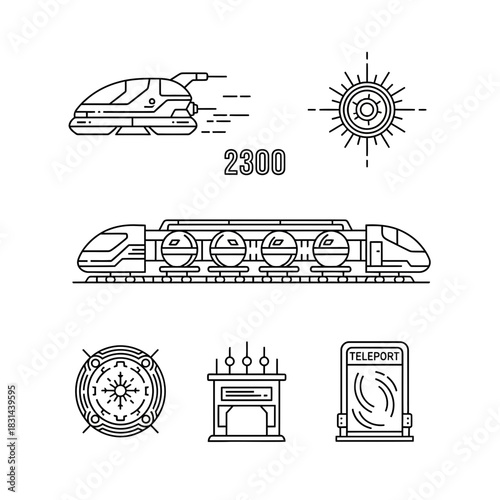 Futuristic transportation concepts including a sleek hovercraft, advanced train, teleportation station, and temporal marker for the year 2300
