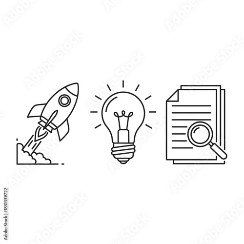 Innovative business startup concept featuring rocket launch idea generation and research for successful project development and growth strategies