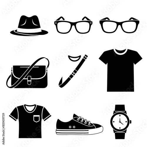 Modern style icons featuring clothing, accessories, and eyewear for fashionable individuals and creative projects