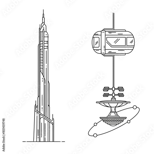 Futuristic skyscraper and orbiting space station symbolize advanced civilization and exploration, perfect for sci-fi and innovation themes.