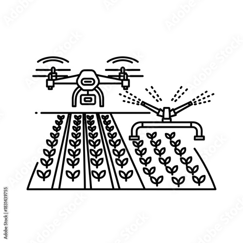 Modern agriculture drone monitors crops and irrigation system efficiently watering fields for sustainable farming practices