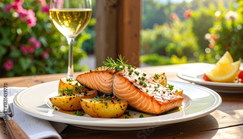 Grilled salmon with potatoes and white wine.
