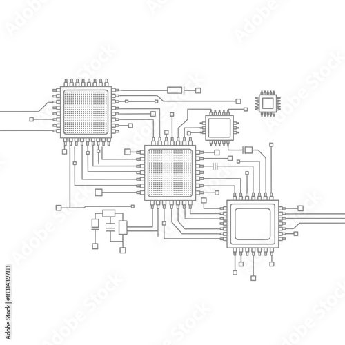 Modern circuit board schematic with intricate connections and central processing units, showcasing technological innovation and digital engineering