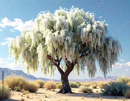 Large tree with white foliage stands tall in an arid desert landscape