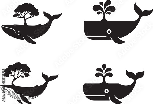 Whales with trees and water spouts vector illustrations