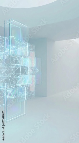 A conceptual AI design with floating glass-like transparent layers representing cognitive AI processing, calm blue tones, and wide copy space for text. Suitable for AI presentations, websites, and pro