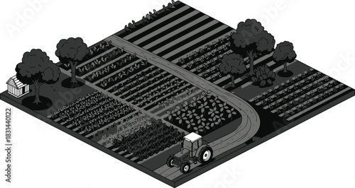 An isometric illustration depicting a rural landscape with fields and trees