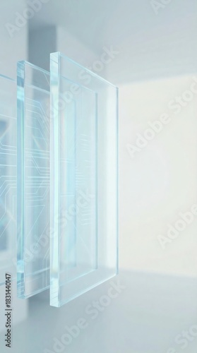 A conceptual AI design with floating glass-like transparent layers representing cognitive AI processing, calm blue tones, and wide copy space for text. Suitable for AI presentations, websites, and pro