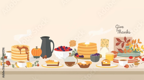 A festive Thanksgiving illustration featuring a table laden with delicious pancakes, berries, pumpkin, and other seasonal treats, perfect for celebrating.