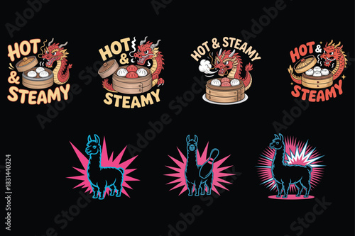 Four hot and steamy dragon illustrations and four llama illustrations Keywords: dragon, chinese