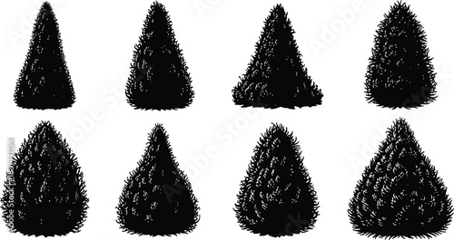 A collection of black silhouette pine trees arranged in a grid pattern