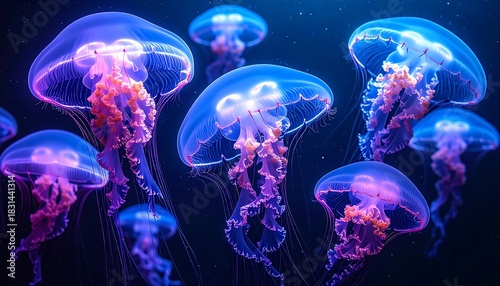 Luminescent jellyfish drift gracefully in a deep, dark ocean