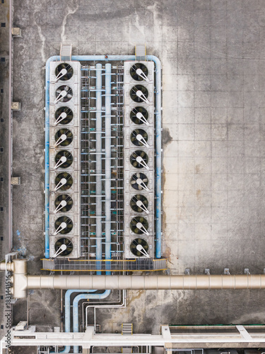 Top-Down Industrial Cooling Equipment with Fans and Pipes