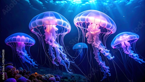 Luminescent jellyfish drift through aquatic realm, coral nearby