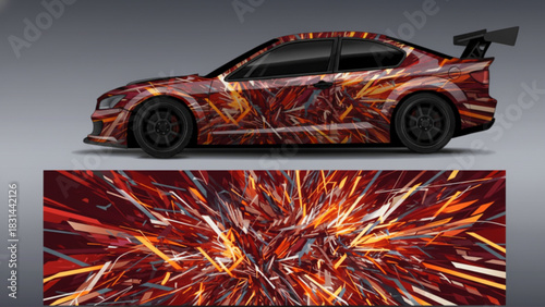 A sporty car with a vibrant, colorful circuit board-inspired graphic wrap design, showcasing the full pattern below.