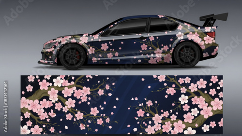 A sporty car with a vibrant, colorful circuit board-inspired graphic wrap design, showcasing the full pattern below.