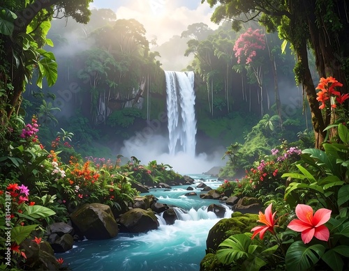 Lush rainforest scene, waterfall cascades into turquoise river
