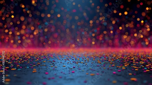 A vibrant, blurred background of confetti-like lights illuminates a dark, textured ground