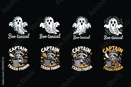 Four ghost designs with floral wreaths and four raccoons as trash panda pirates Keywords: ghost