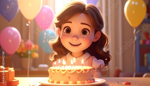 Girl smiles at birthday cake with balloons.
