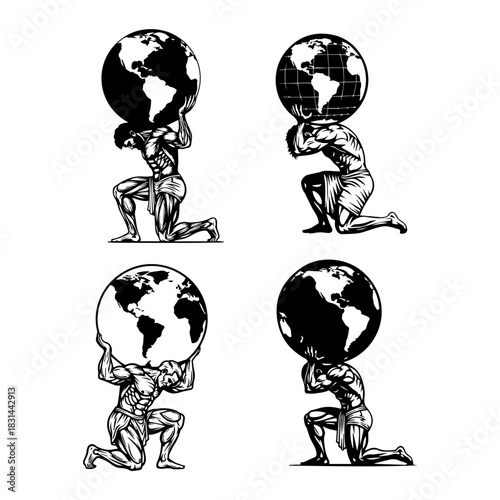 design of Atlas from Greek mythology, kneeling while carrying the globe on his shoulders silhouette pack