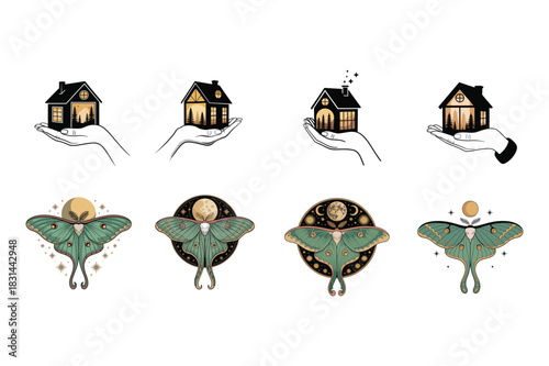 Mystical luna moths and silhouette houses held in hands at night insect butterfly