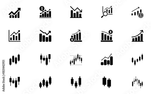 Stock Market Icon Set, Trading, Profit, Portfolio, and Growth Finance Symbols Vector Illustration