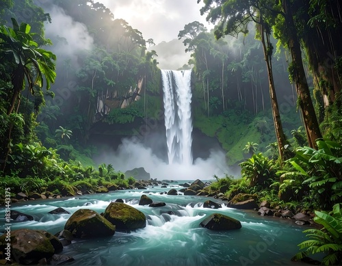 Lush rainforest with tall waterfall, misty skies, and turquoise water