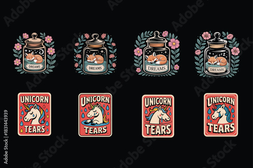 Sleeping foxes in jars and crying unicorns with rainbow tears and flowers Keywords: fox