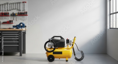 Yellow portable air compressor sits ready for use in a clean, bright workshop environment