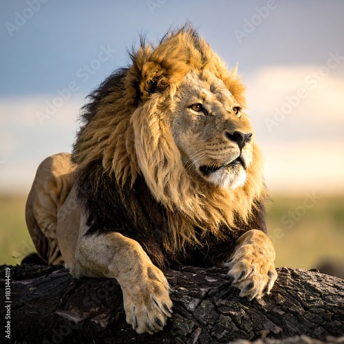 Majestic lion resting on a log, gazing out with keen eyes