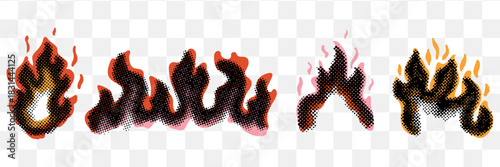 Collage Halftone Flames Design Elements illustration. Half tone Contemporary vector poster. Modern y2k aesthethic Banner with Fire. 