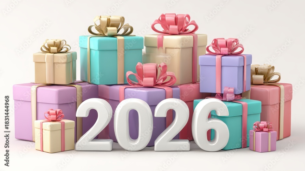 Fototapeta premium 2026 Celebration Gift Boxes and Festive Decorations for the New Year