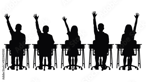 Group of students raising hands to answer question in classroom, silhouette isolated on white background, education concept