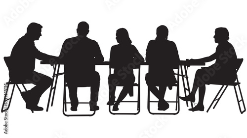 Silhouettes of five business professionals seated around a conference table, engaged in a discussion or meeting, illustrating teamwork and corporate collaboration.