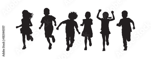 Diverse group of six children, boys and girls, running joyfully in silhouette against a clean white background, capturing movement and carefree spirit.