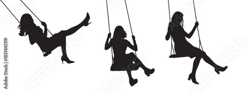 Three silhouette women swinging on playground swings, isolated on white background, dynamic motion, enjoying leisure and freedom.