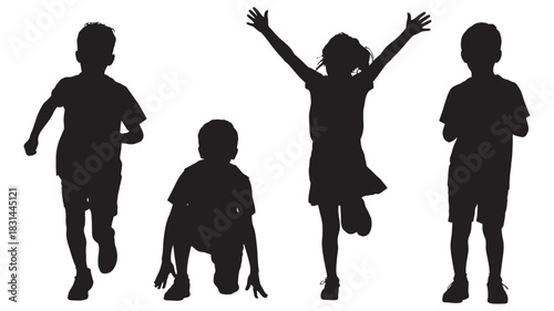 Diverse group of children silhouettes in motion, celebrating childhood joy, active play, and youthful energy in a clean, isolated visual presentation.
