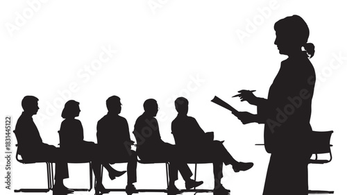 Silhouette of a female teacher presenting to a seated audience of students in a classroom, conveying education and learning.