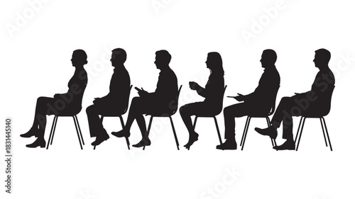 Diverse group of people silhouettes sitting on chairs in a row, engaged in individual activities, conveying a sense of waiting or presentation.