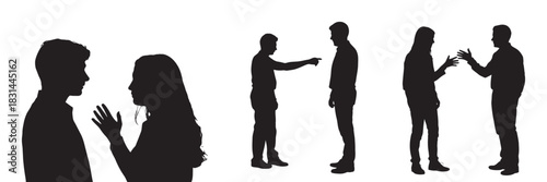 Silhouettes of people in discussion, conflict, and exchange, conveying communication, debate, and interaction.